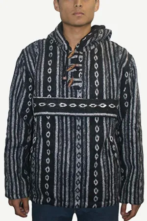 502 Fleece Lined Thick Cotton Striped Toggle Pouch Warm Hoodie Pullover Jacket