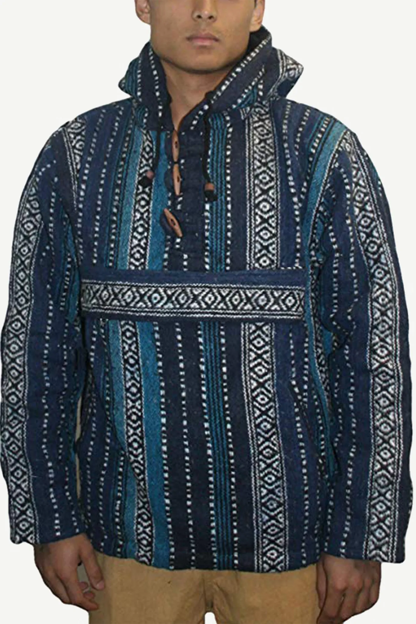 502 Fleece Lined Thick Cotton Striped Toggle Pouch Warm Hoodie Pullover Jacket