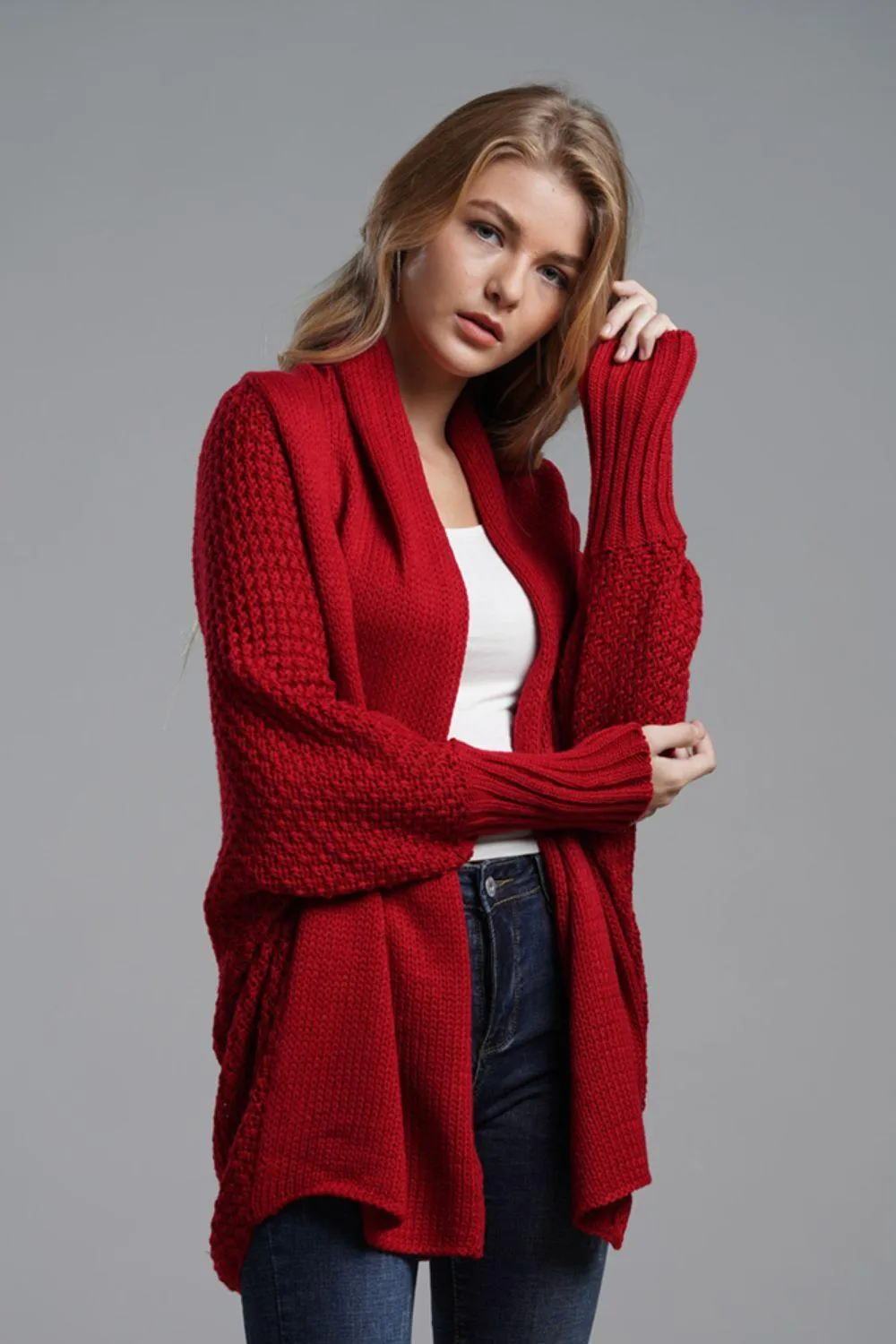 Adorable Dolman Sleeve Ribbed Trim Longline Cardigan