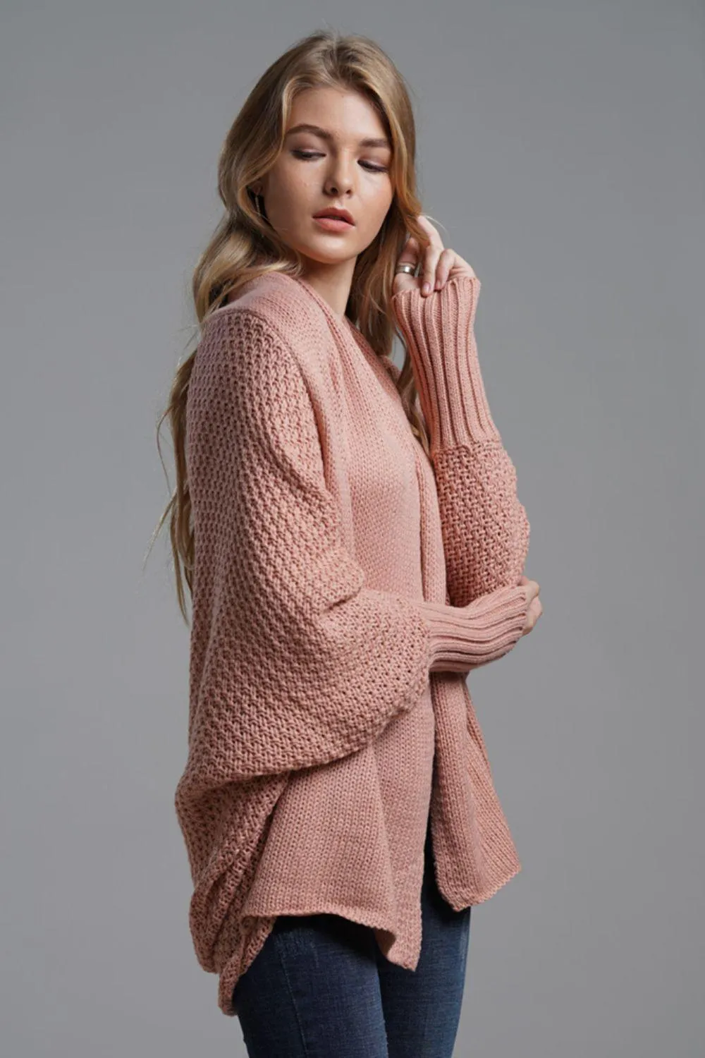 Adorable Dolman Sleeve Ribbed Trim Longline Cardigan