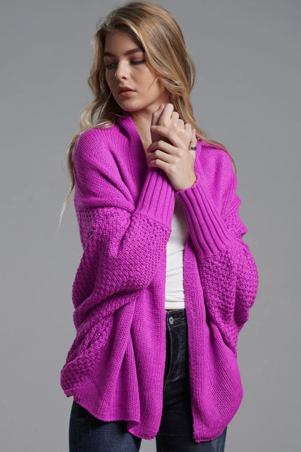 Adorable Dolman Sleeve Ribbed Trim Longline Cardigan