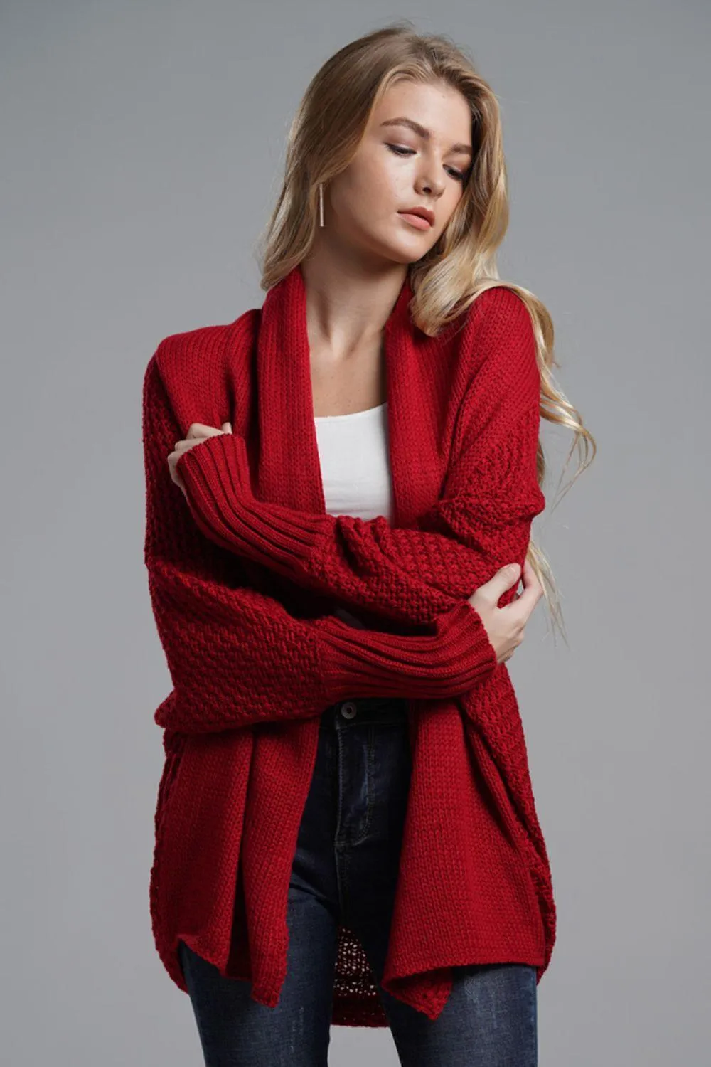 Adorable Dolman Sleeve Ribbed Trim Longline Cardigan