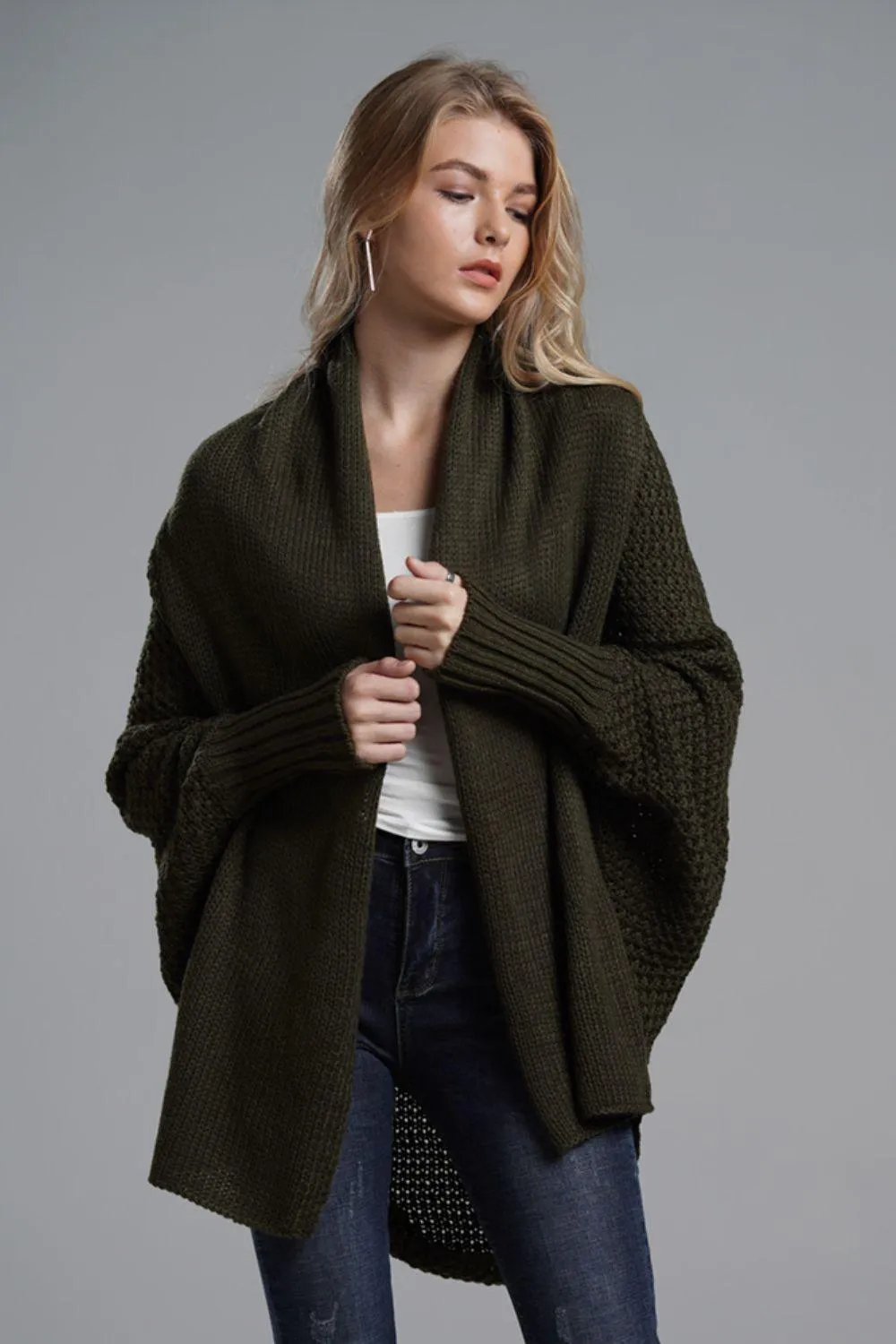 Adorable Dolman Sleeve Ribbed Trim Longline Cardigan