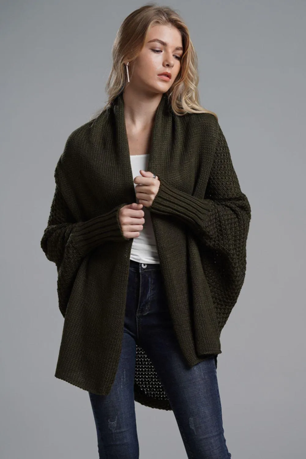 Adorable Dolman Sleeve Ribbed Trim Longline Cardigan