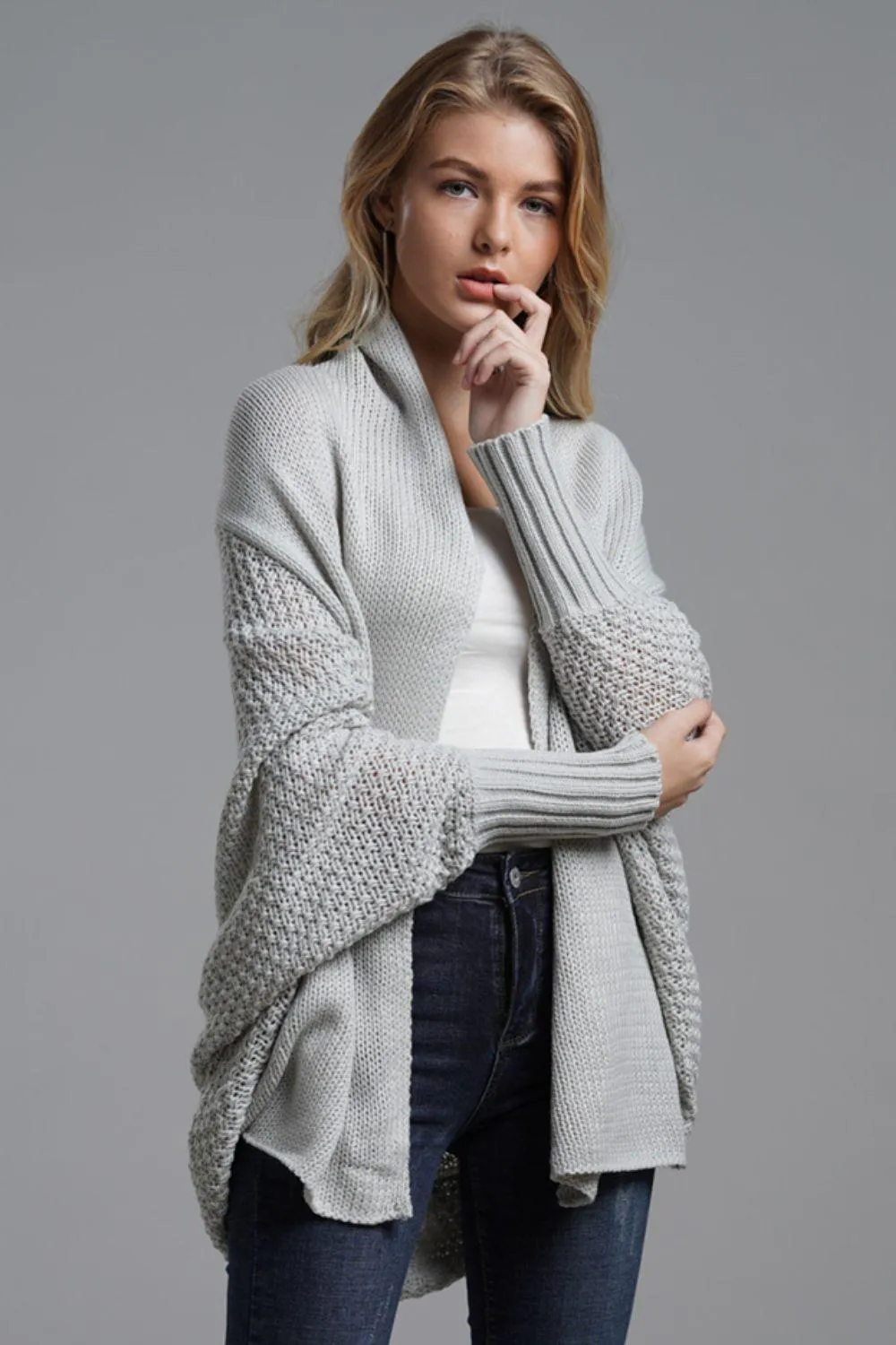 Adorable Dolman Sleeve Ribbed Trim Longline Cardigan
