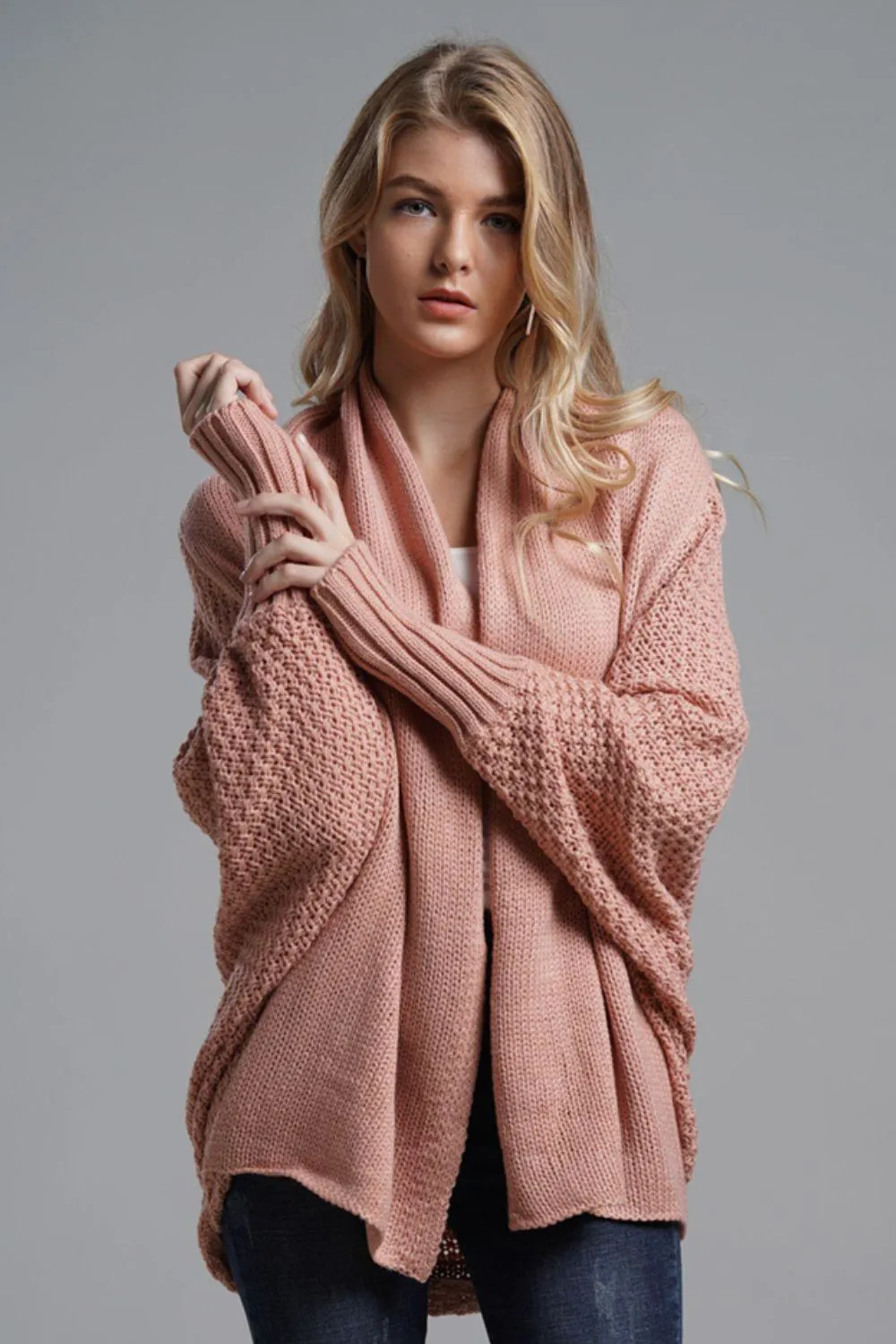 Adorable Dolman Sleeve Ribbed Trim Longline Cardigan