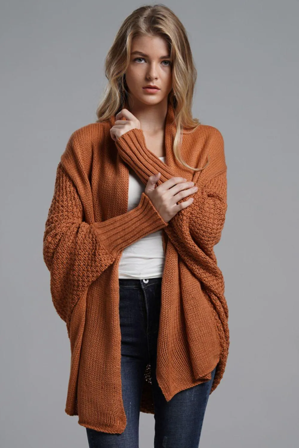 Adorable Dolman Sleeve Ribbed Trim Longline Cardigan