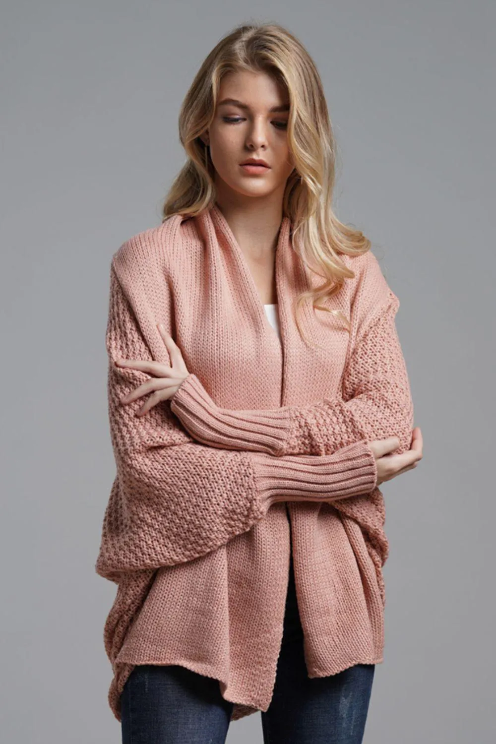 Adorable Dolman Sleeve Ribbed Trim Longline Cardigan