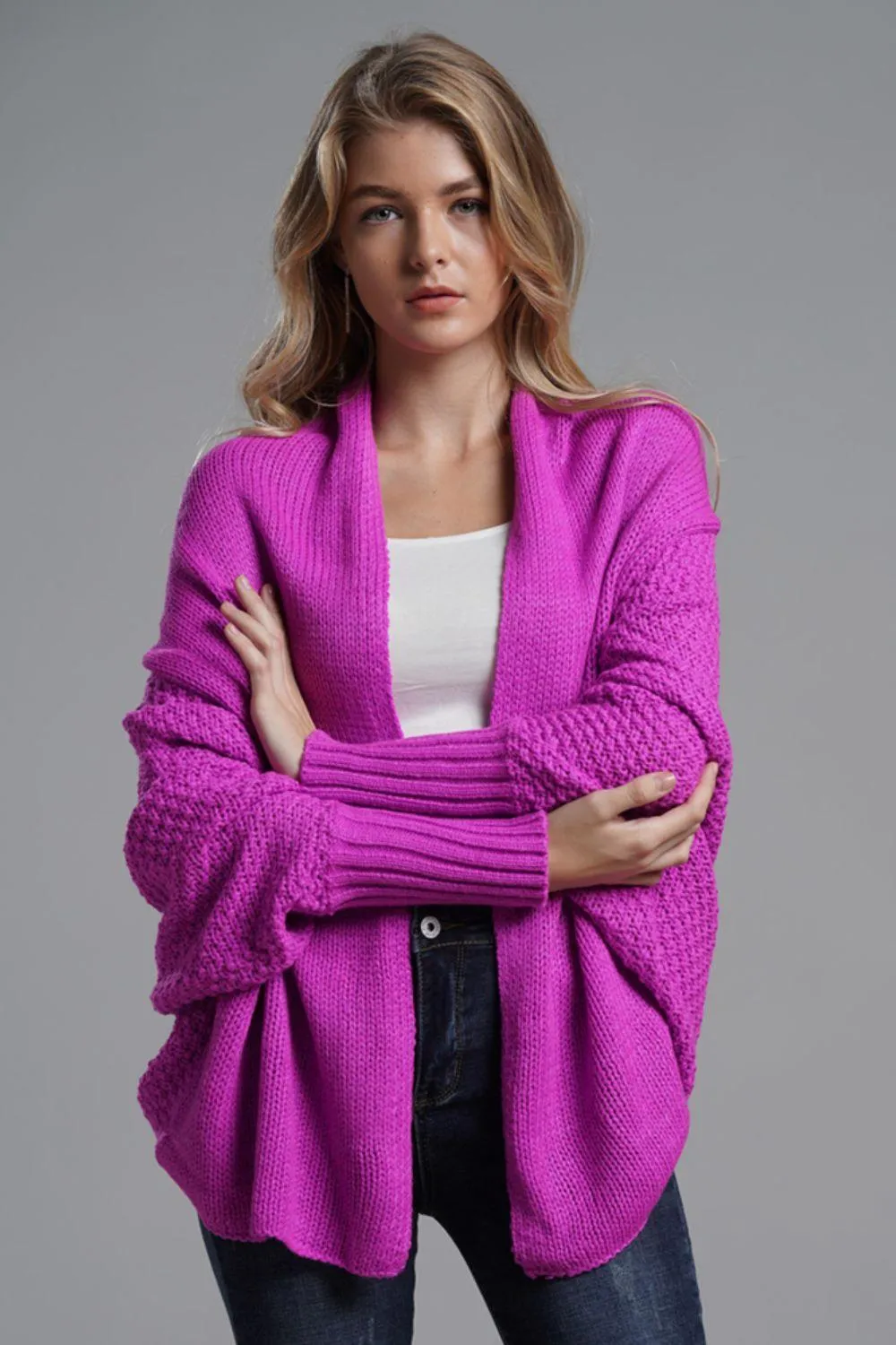 Adorable Dolman Sleeve Ribbed Trim Longline Cardigan