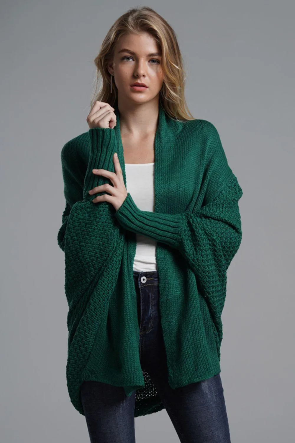 Adorable Dolman Sleeve Ribbed Trim Longline Cardigan