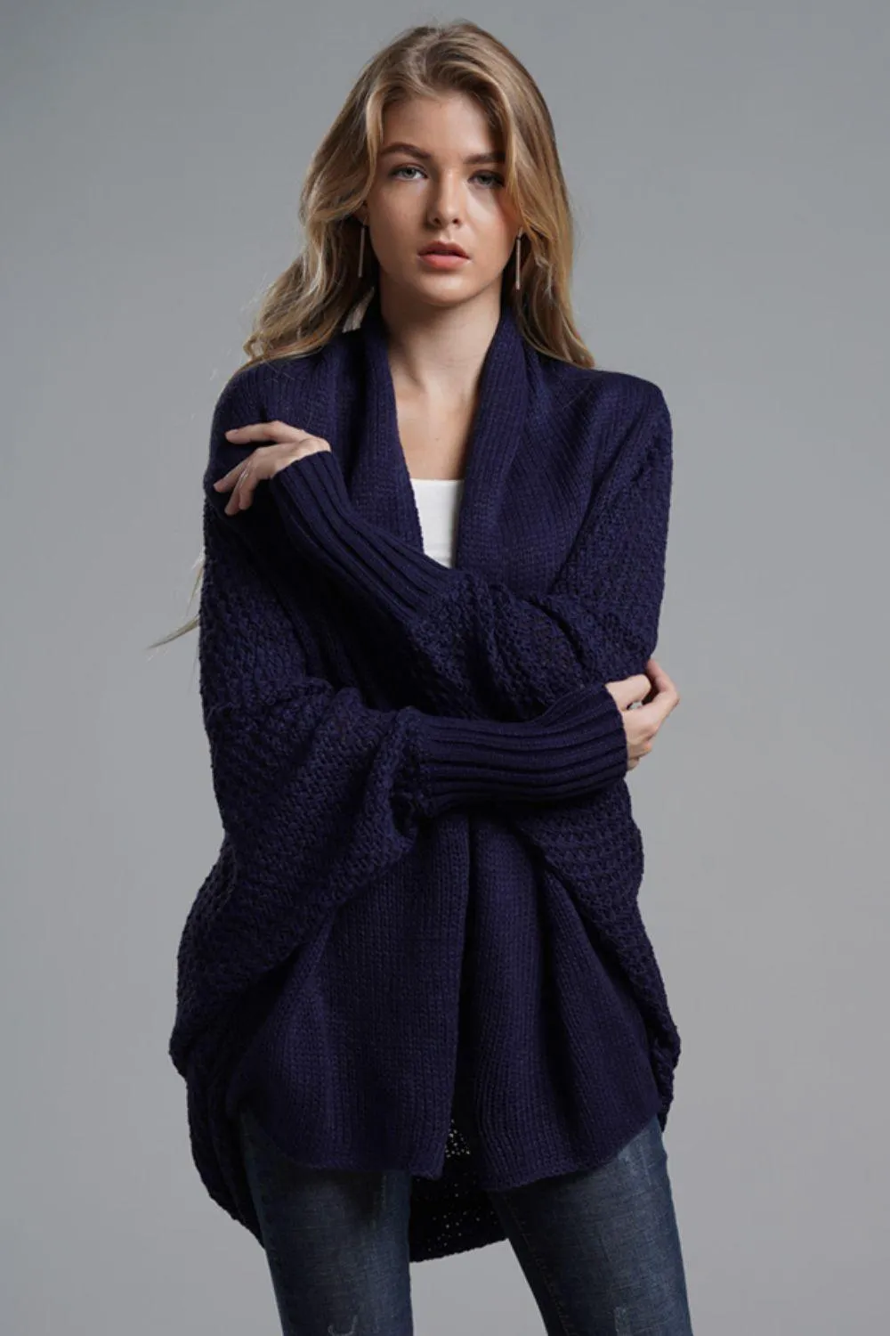 Adorable Dolman Sleeve Ribbed Trim Longline Cardigan