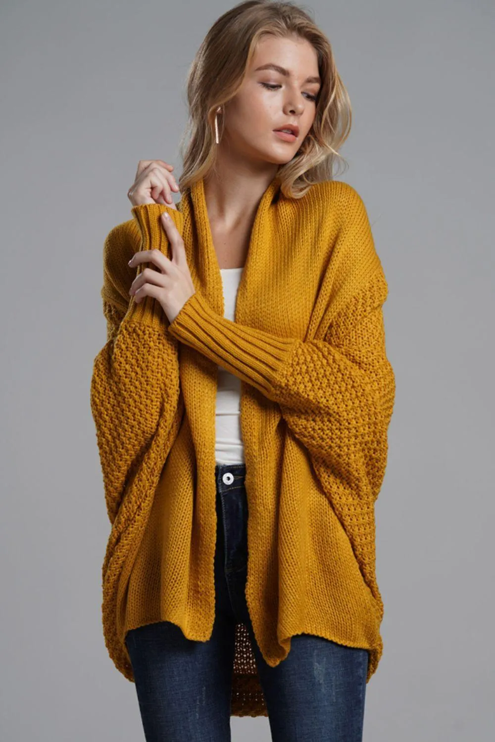 Adorable Dolman Sleeve Ribbed Trim Longline Cardigan