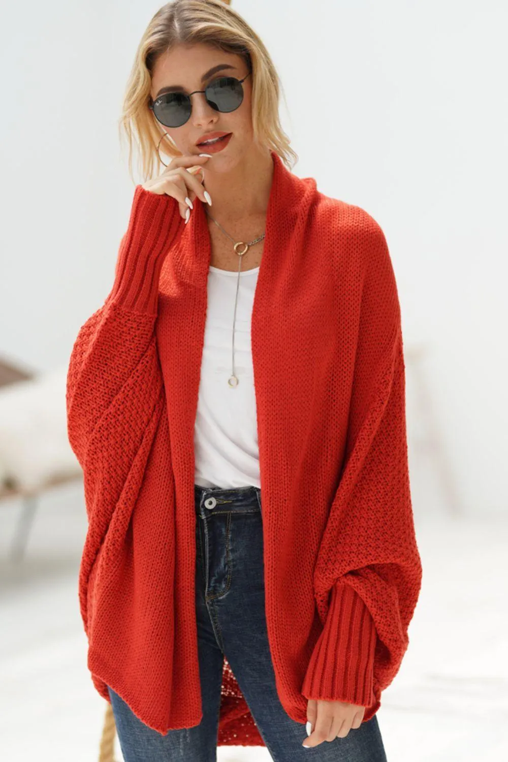 Adorable Dolman Sleeve Ribbed Trim Longline Cardigan