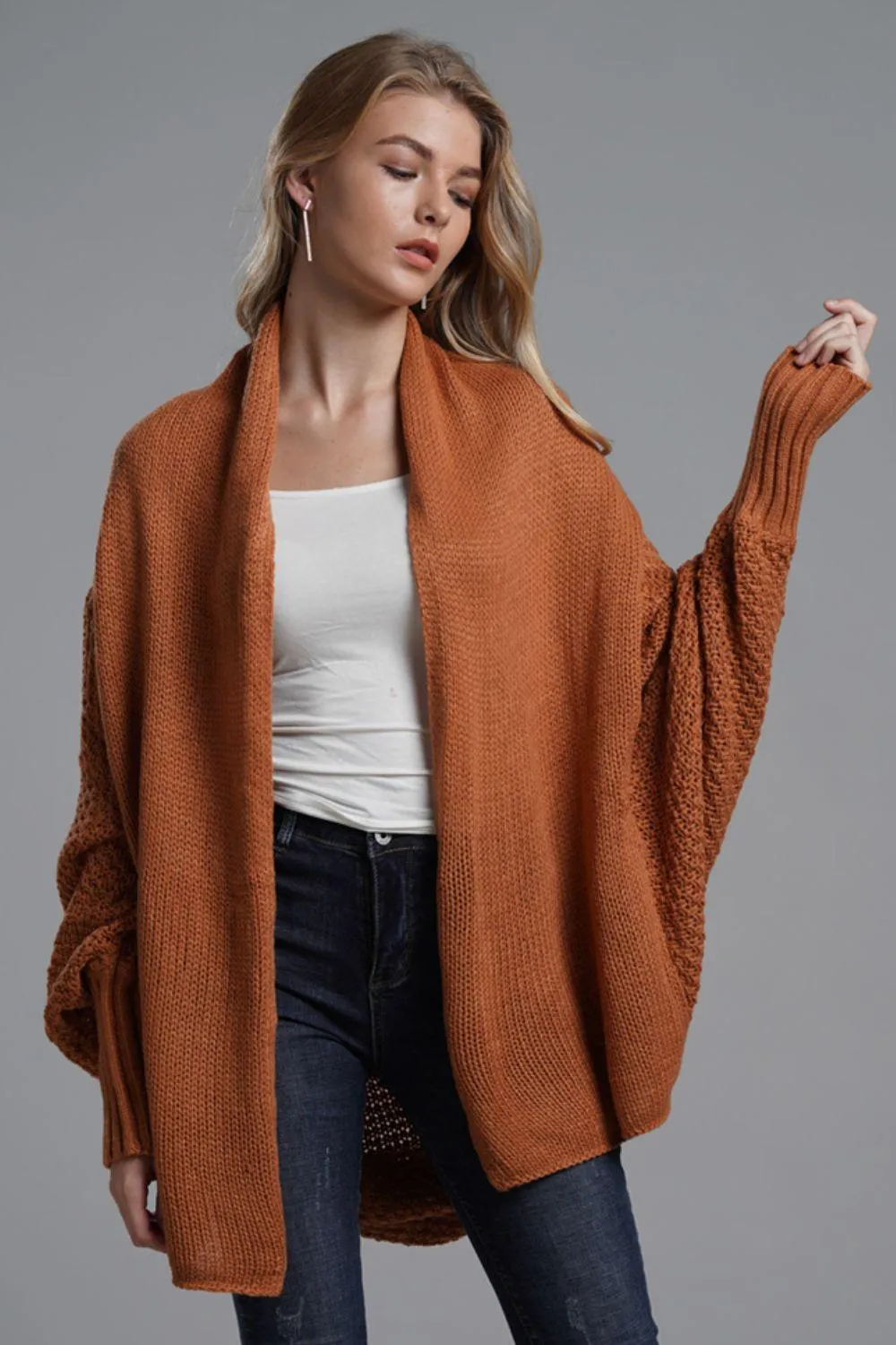 Adorable Dolman Sleeve Ribbed Trim Longline Cardigan