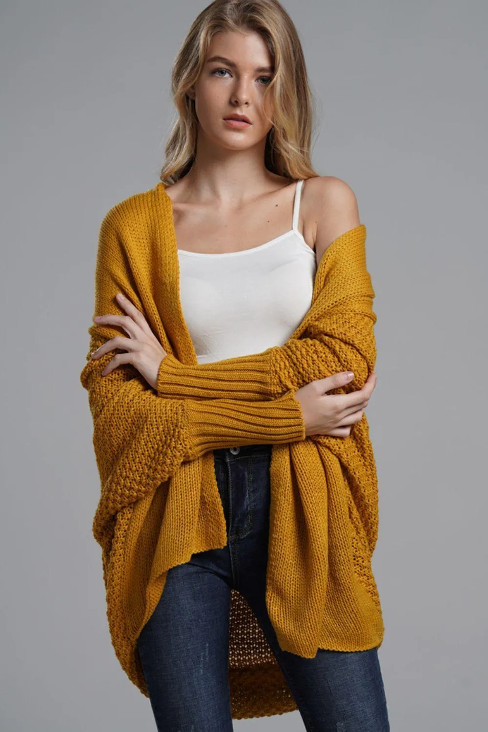 Adorable Dolman Sleeve Ribbed Trim Longline Cardigan