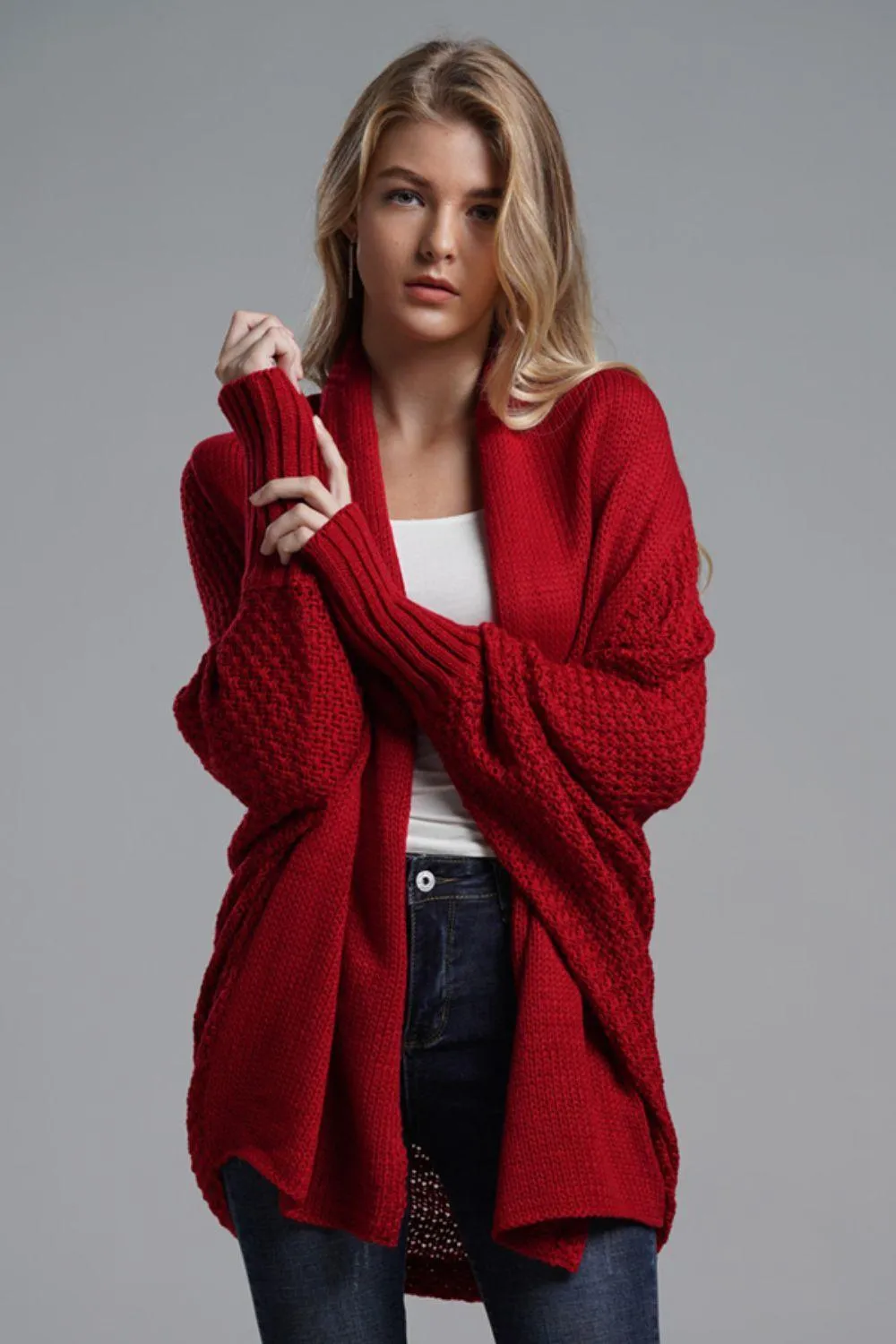 Adorable Dolman Sleeve Ribbed Trim Longline Cardigan