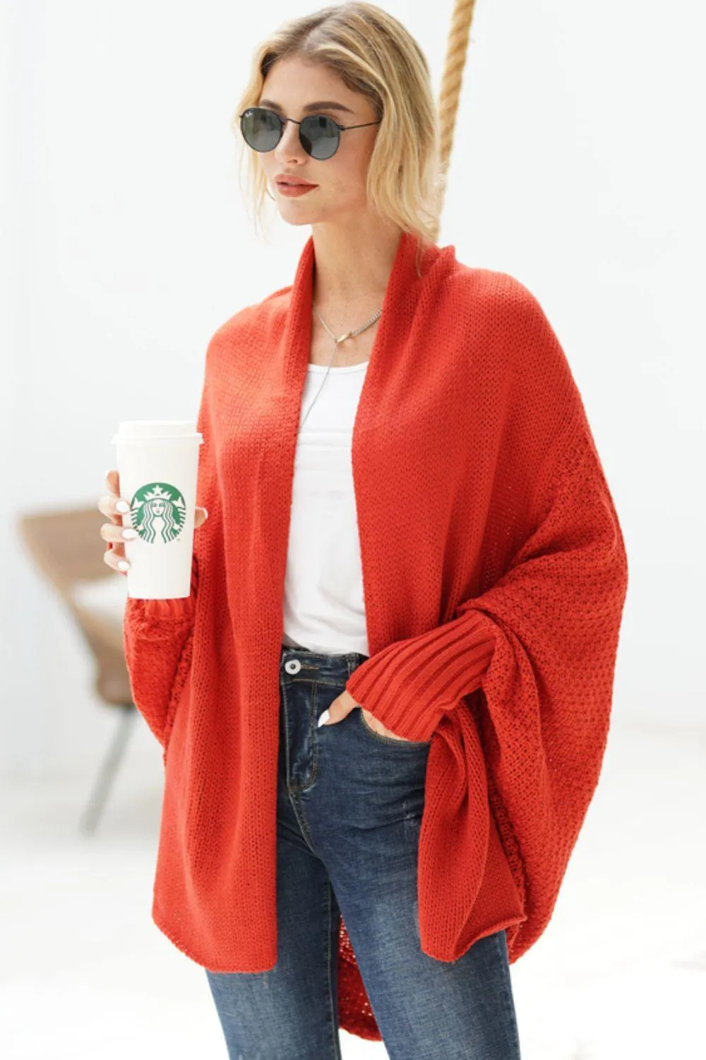 Adorable Dolman Sleeve Ribbed Trim Longline Cardigan