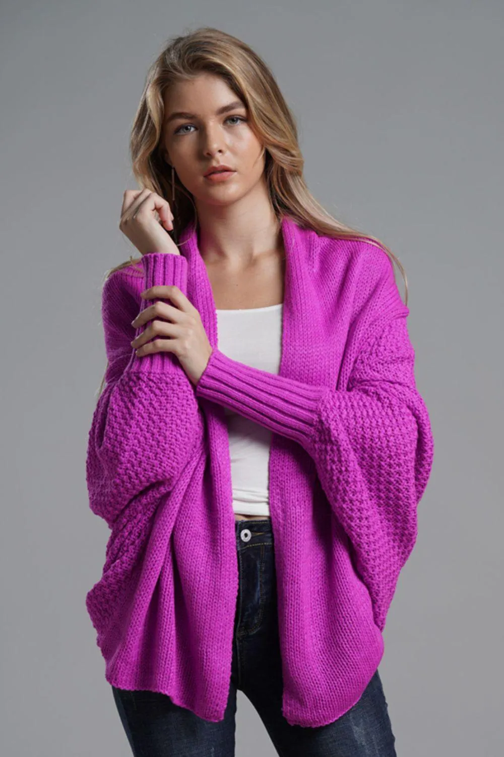 Adorable Dolman Sleeve Ribbed Trim Longline Cardigan