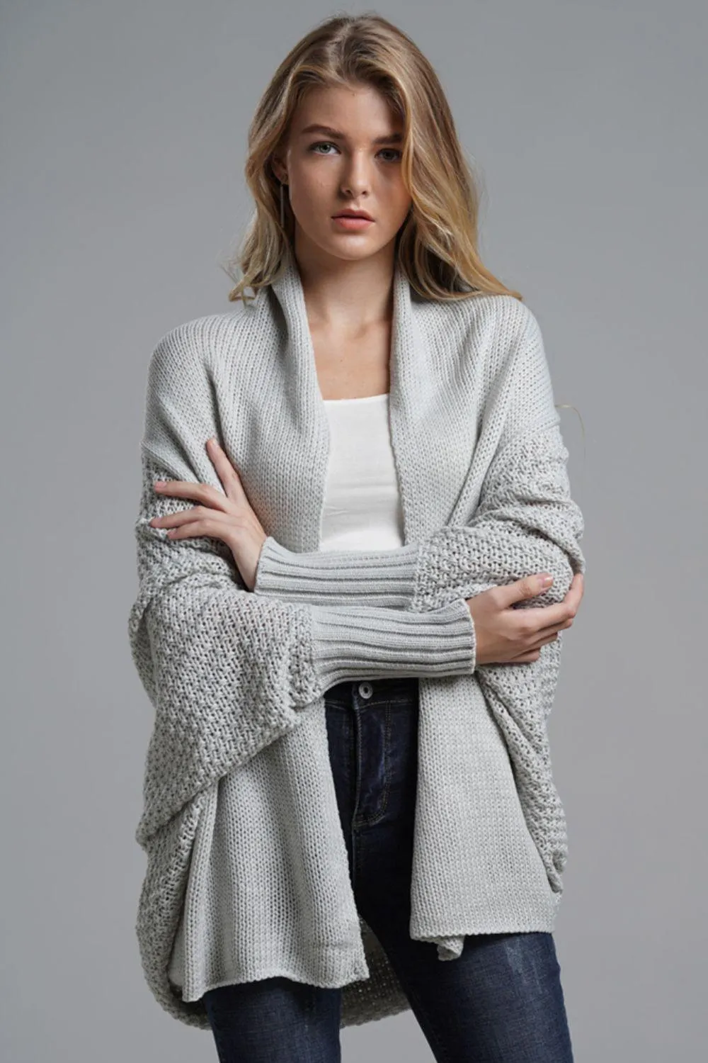Adorable Dolman Sleeve Ribbed Trim Longline Cardigan