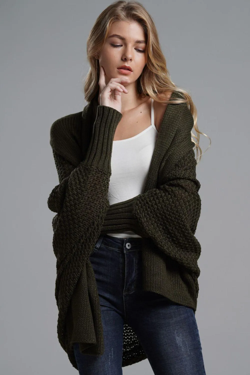 Adorable Dolman Sleeve Ribbed Trim Longline Cardigan