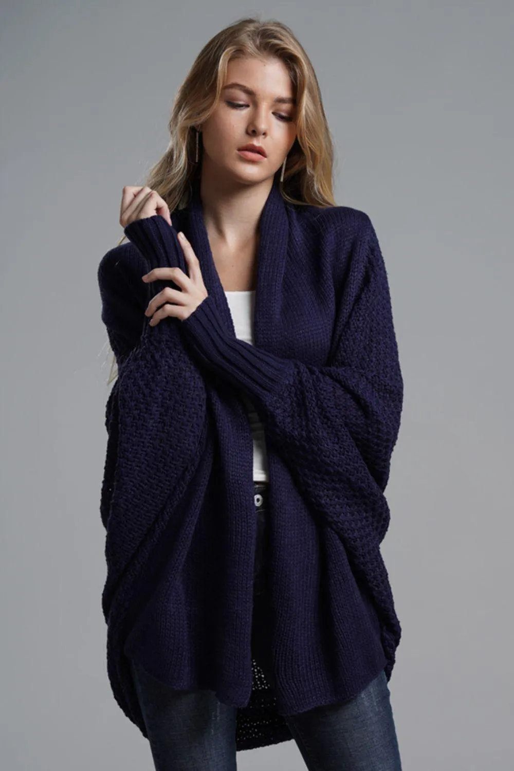 Adorable Dolman Sleeve Ribbed Trim Longline Cardigan