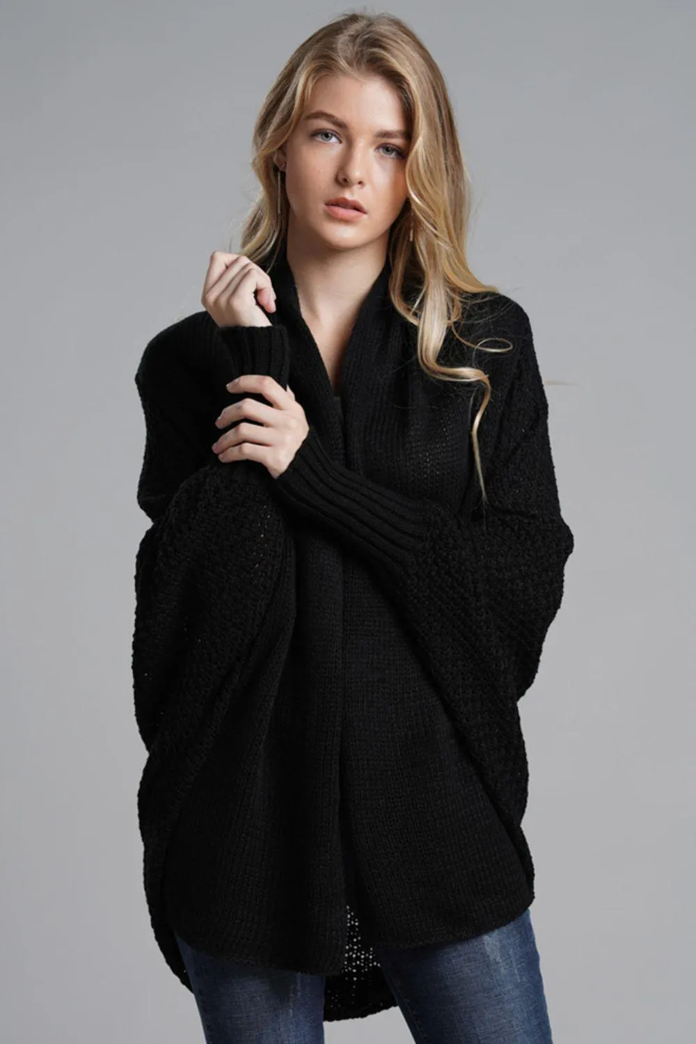 Adorable Dolman Sleeve Ribbed Trim Longline Cardigan