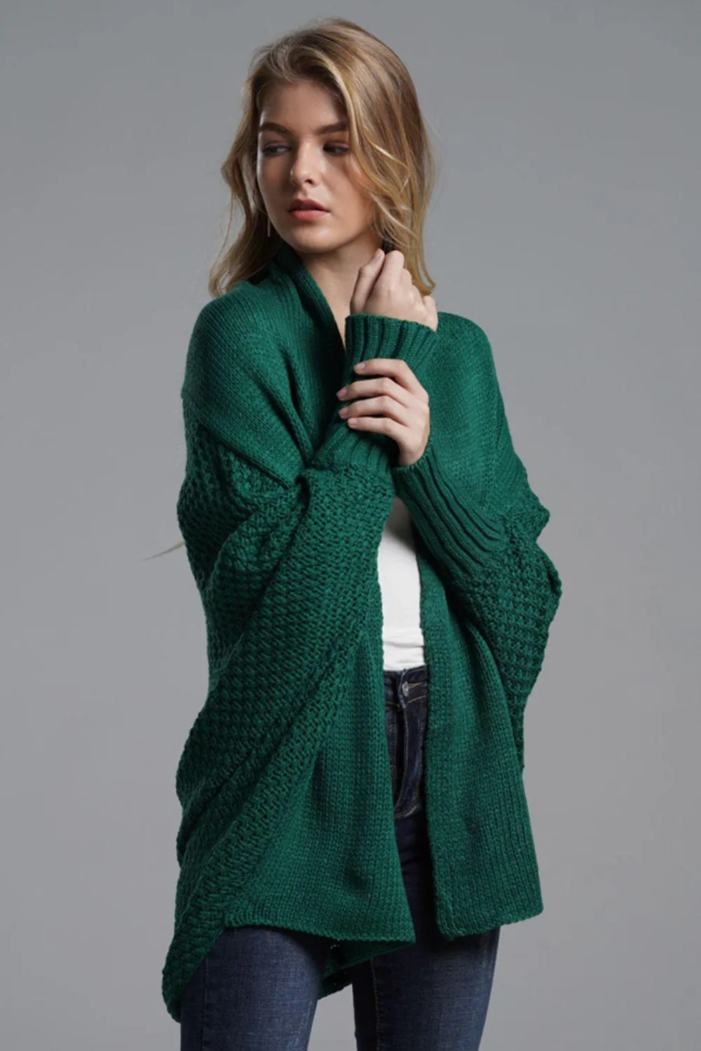 Adorable Dolman Sleeve Ribbed Trim Longline Cardigan