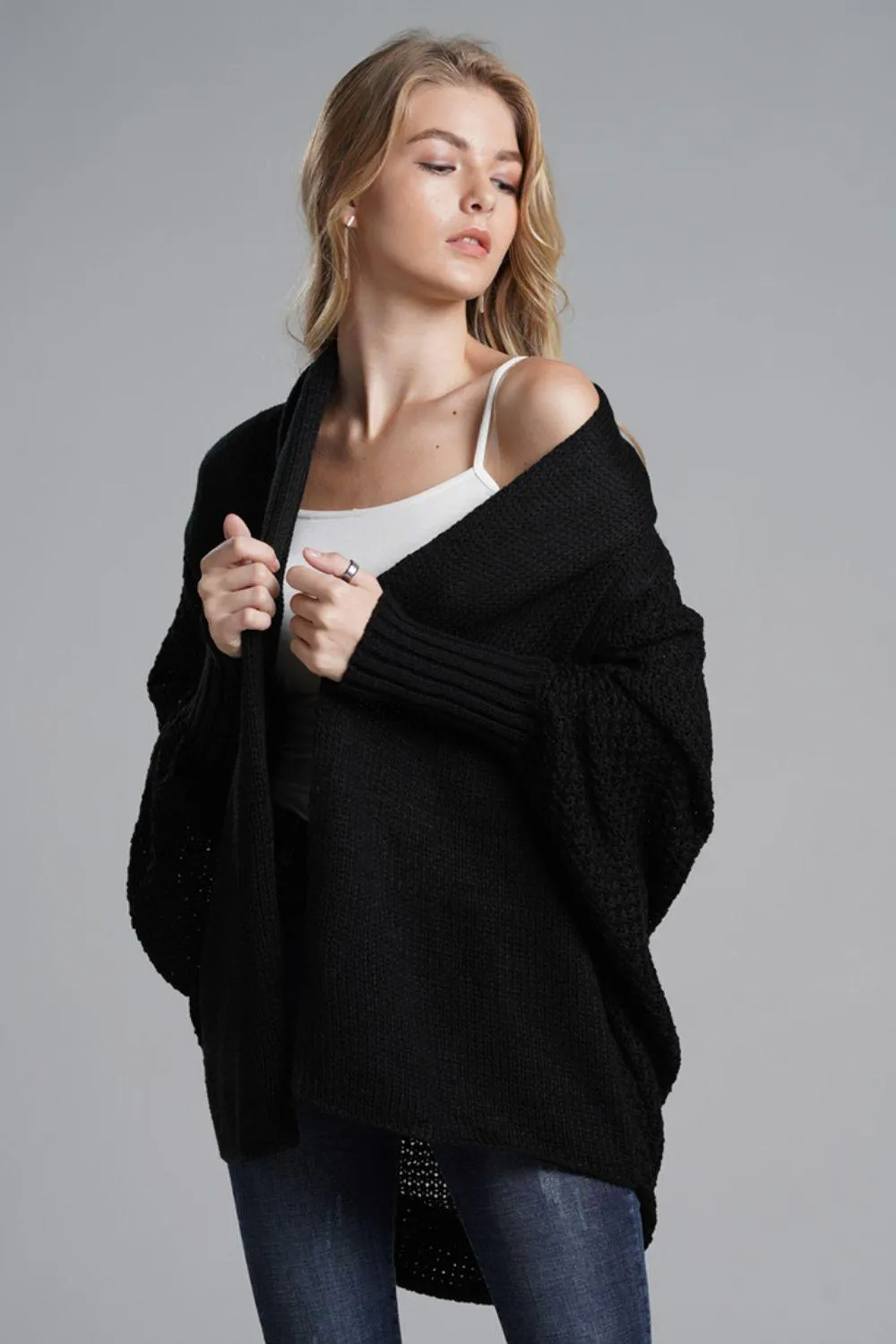 Adorable Dolman Sleeve Ribbed Trim Longline Cardigan