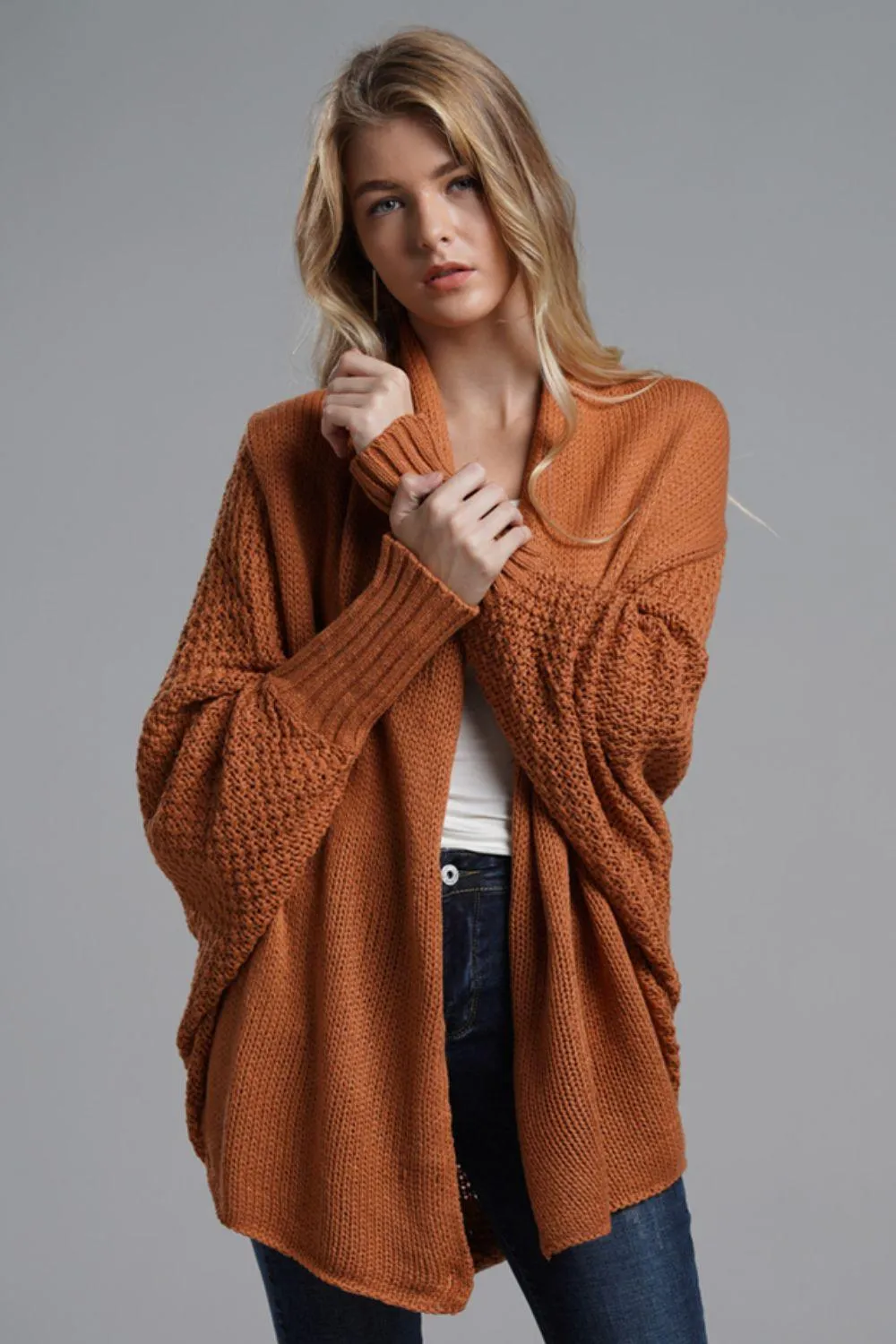 Adorable Dolman Sleeve Ribbed Trim Longline Cardigan