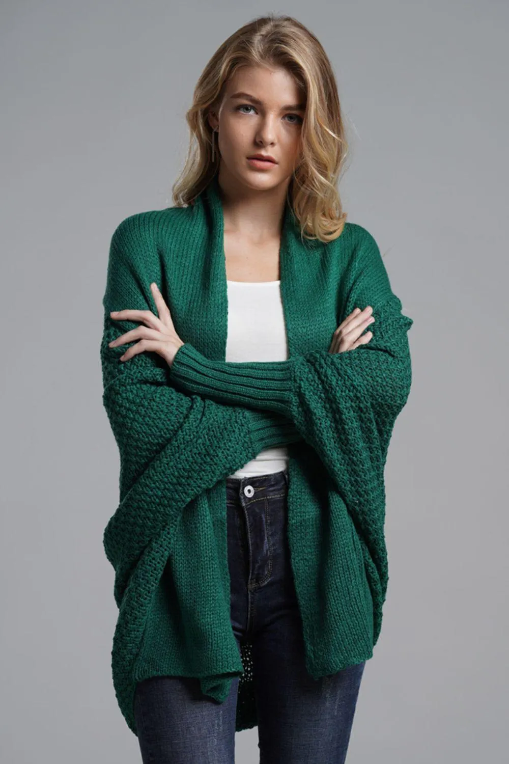 Adorable Dolman Sleeve Ribbed Trim Longline Cardigan