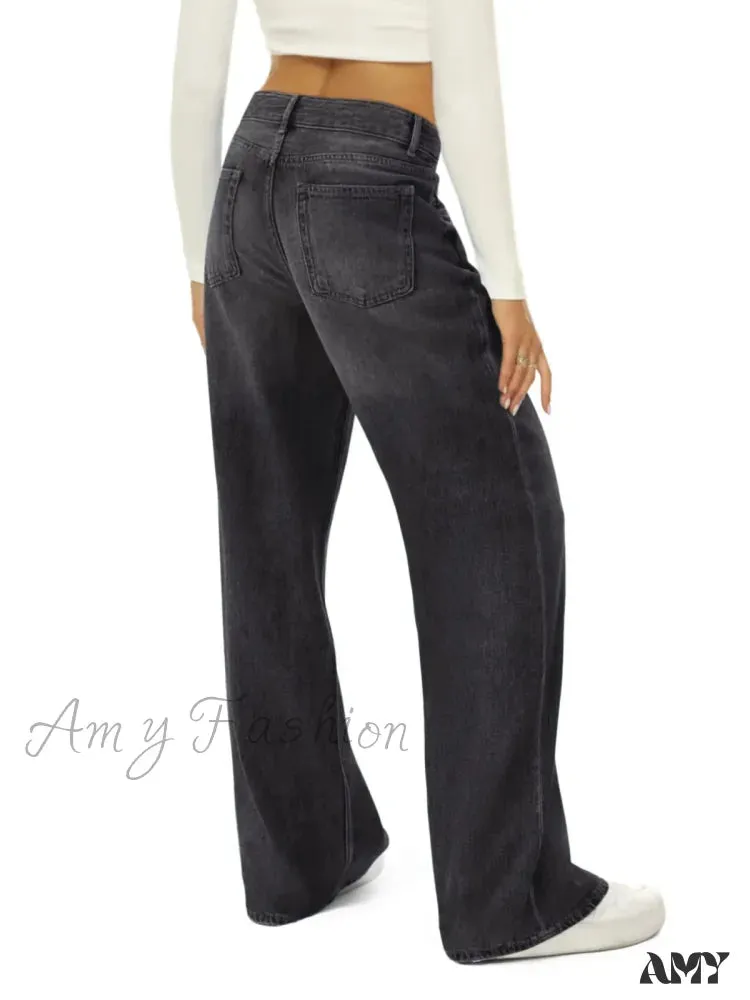 Amy Fashion - Vintage High Waist Wide Leg Blue Baggy Streetwear Harajuku Straight Fashionable Casual Elegant Stylish Jean