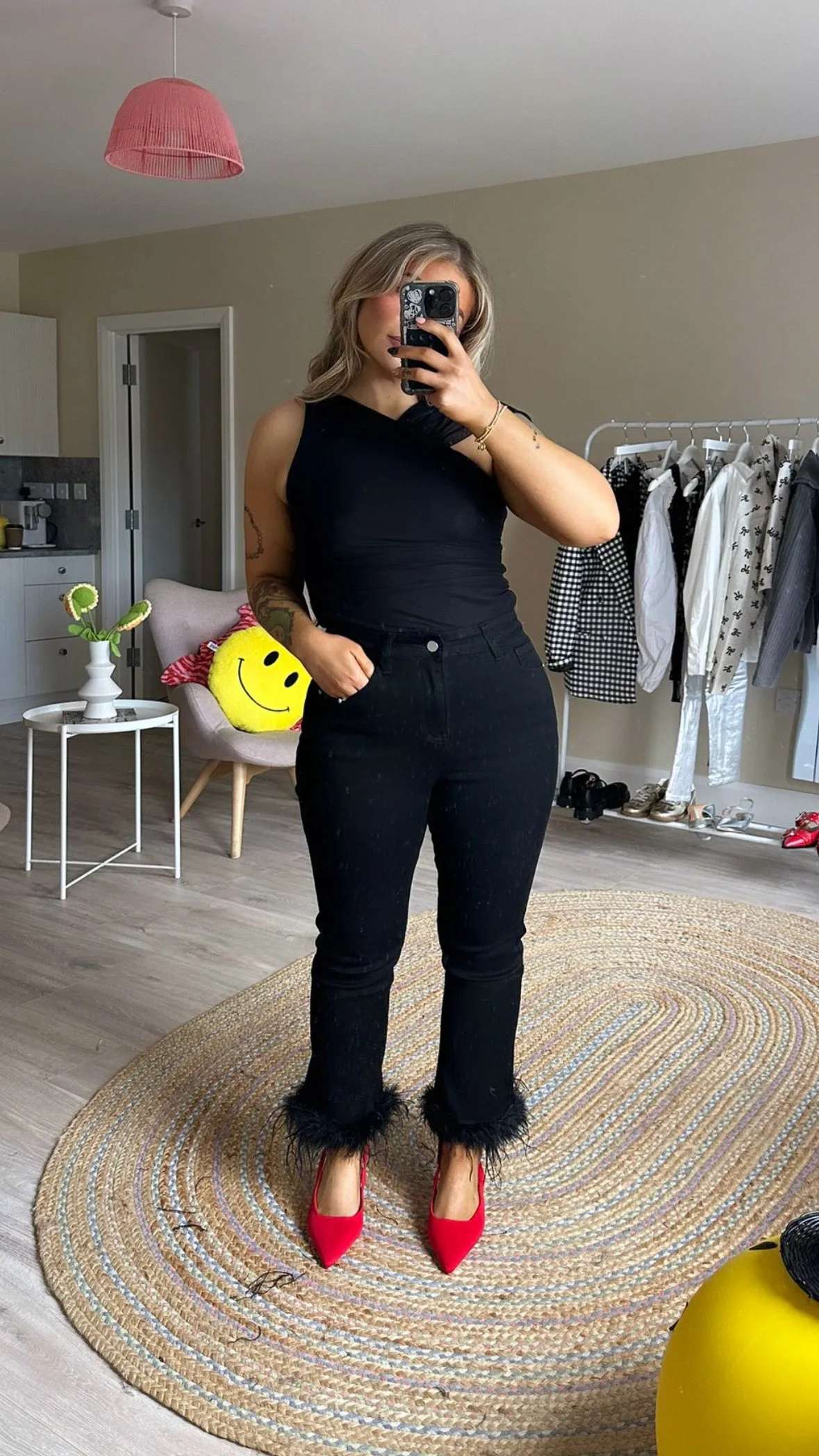 Black Feather Cuffed High Waisted Jeans