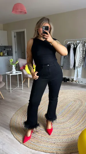 Black Feather Cuffed High Waisted Jeans