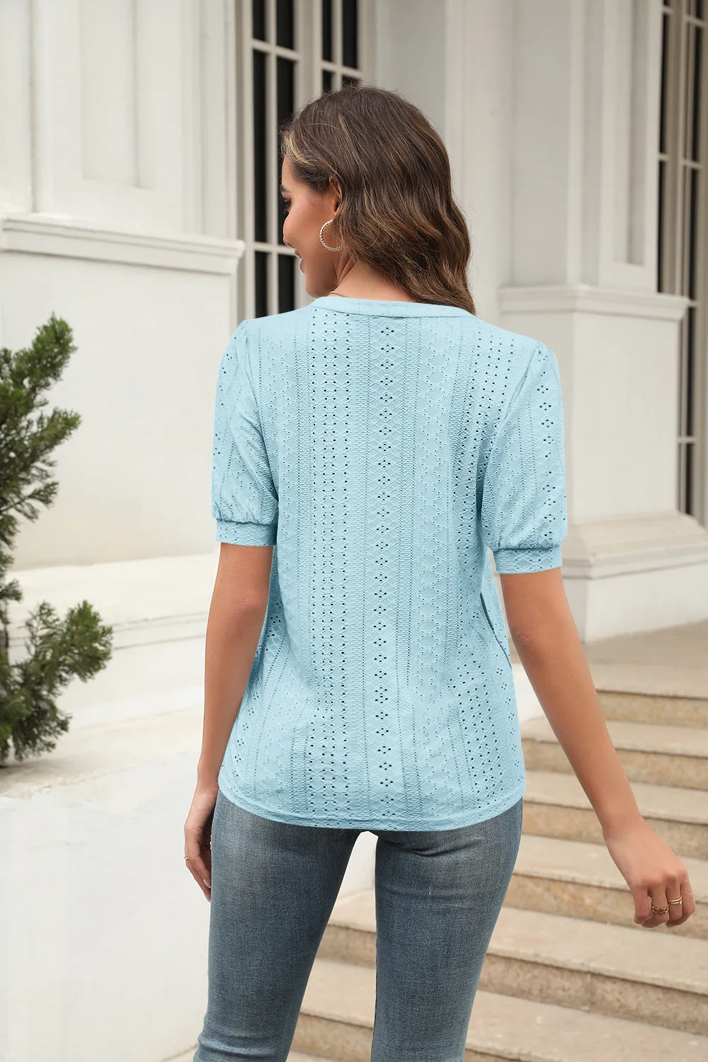 Casual V-neck Bubble Sleeve Loose T-shirt