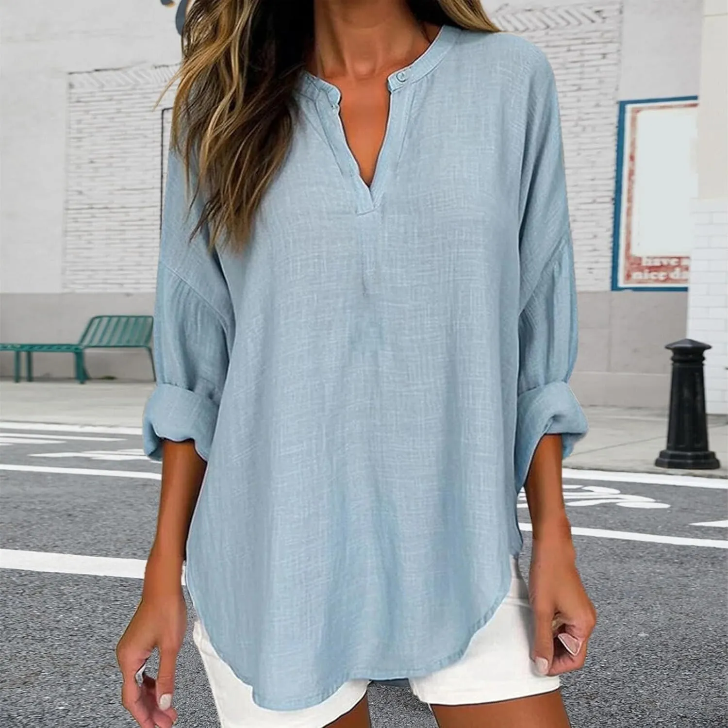 Cotton Linen Henley Tops Women Dressy Long Sleeve Vneck Hide Belly Longline Tshirts Plain Cotton Tunic Tee Shirts
