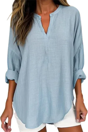 Cotton Linen Henley Tops Women Dressy Long Sleeve Vneck Hide Belly Longline Tshirts Plain Cotton Tunic Tee Shirts