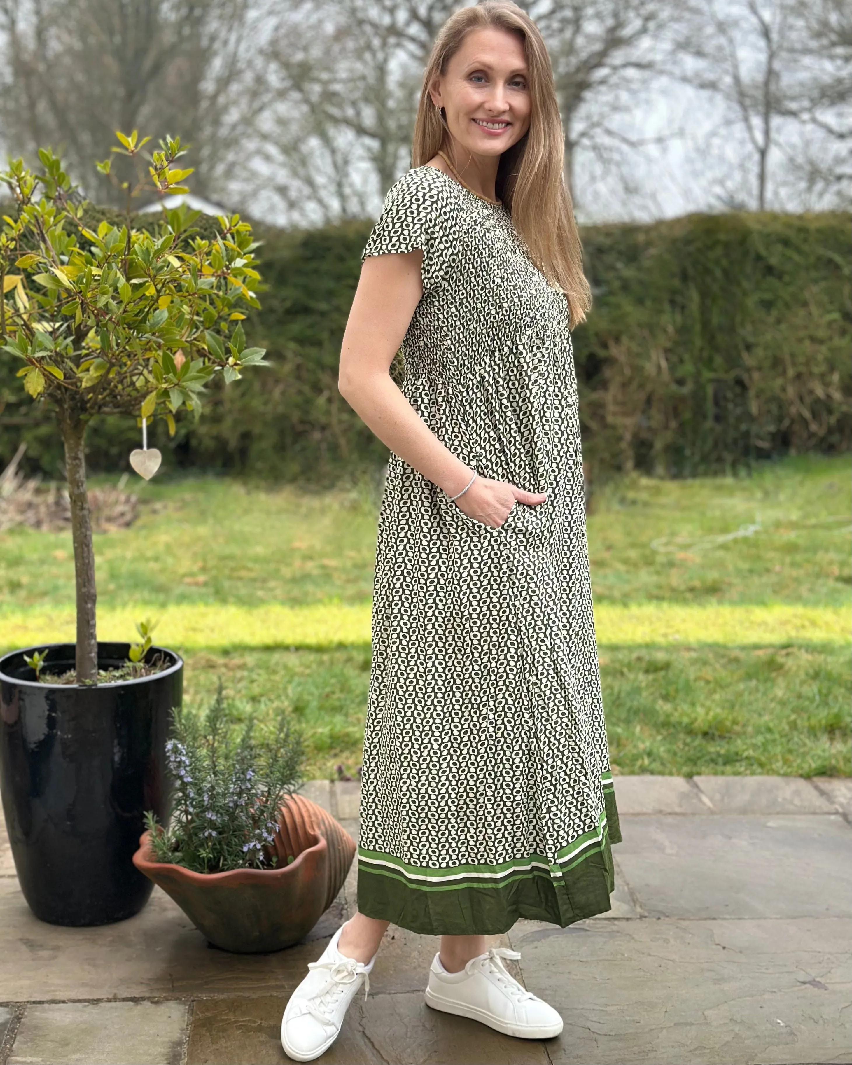 Geo Spot Shirred Bodice Dress - Khaki
