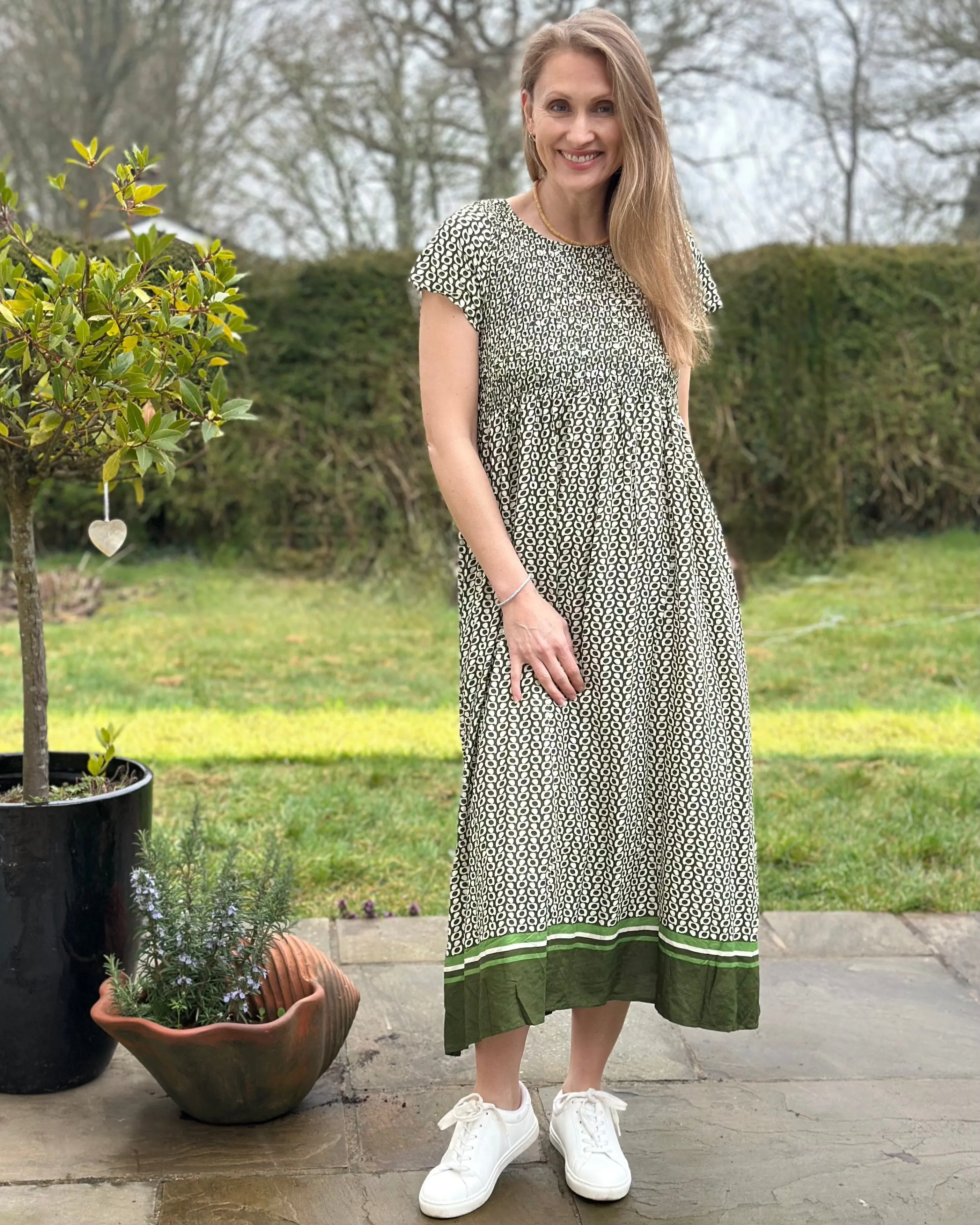 Geo Spot Shirred Bodice Dress - Khaki