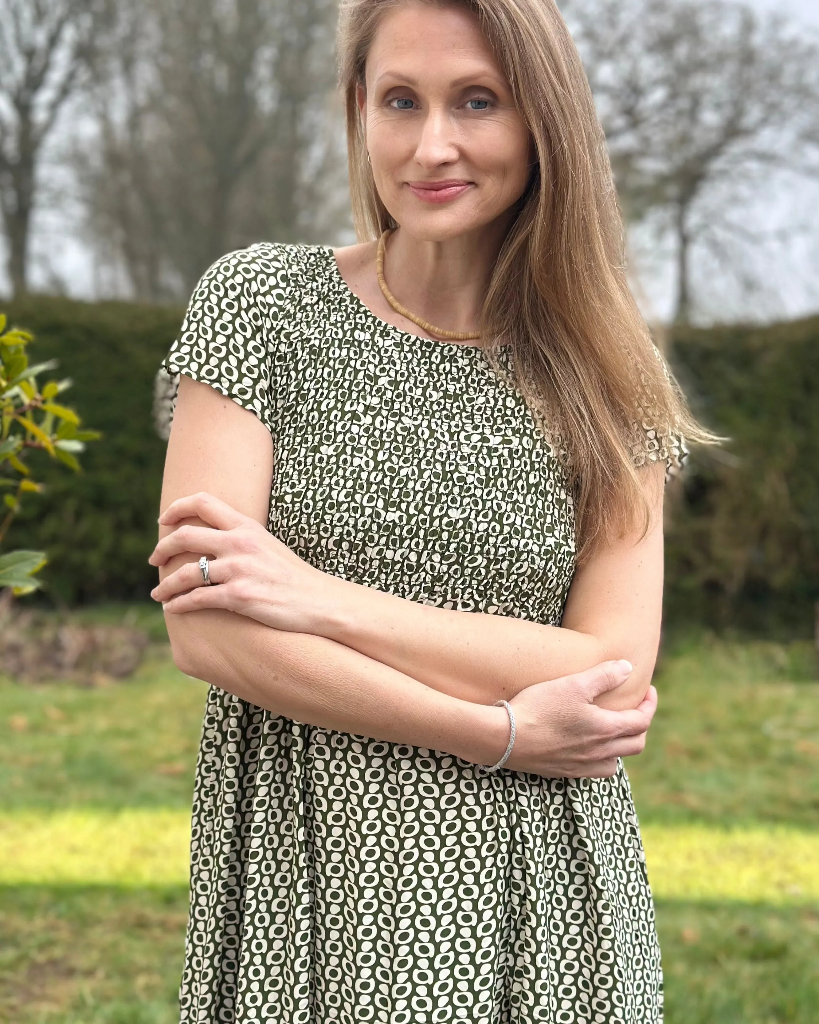 Geo Spot Shirred Bodice Dress - Khaki