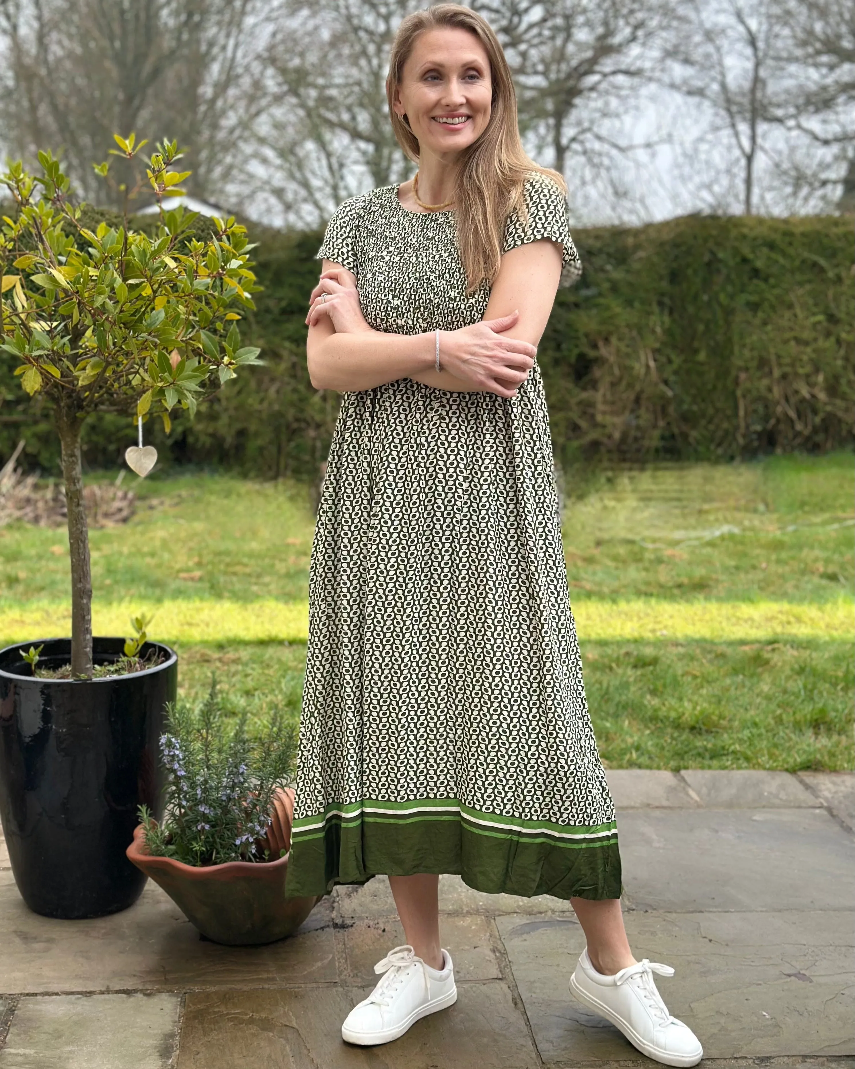 Geo Spot Shirred Bodice Dress - Khaki