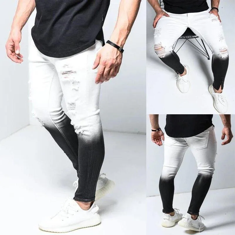 Gradient Jeans Men's Distressed Streetwear Slim Fit Jeans