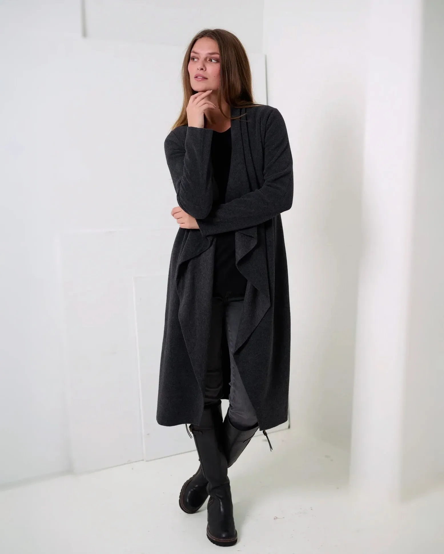 Henriette Cozy Long Fleece Cardigan | Soft Black
