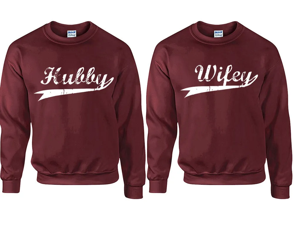 Hubby & Wifey Couple Matching Crewneck Sweaters – Unisex Pullover Sweaters Sold Separately for Him and Her