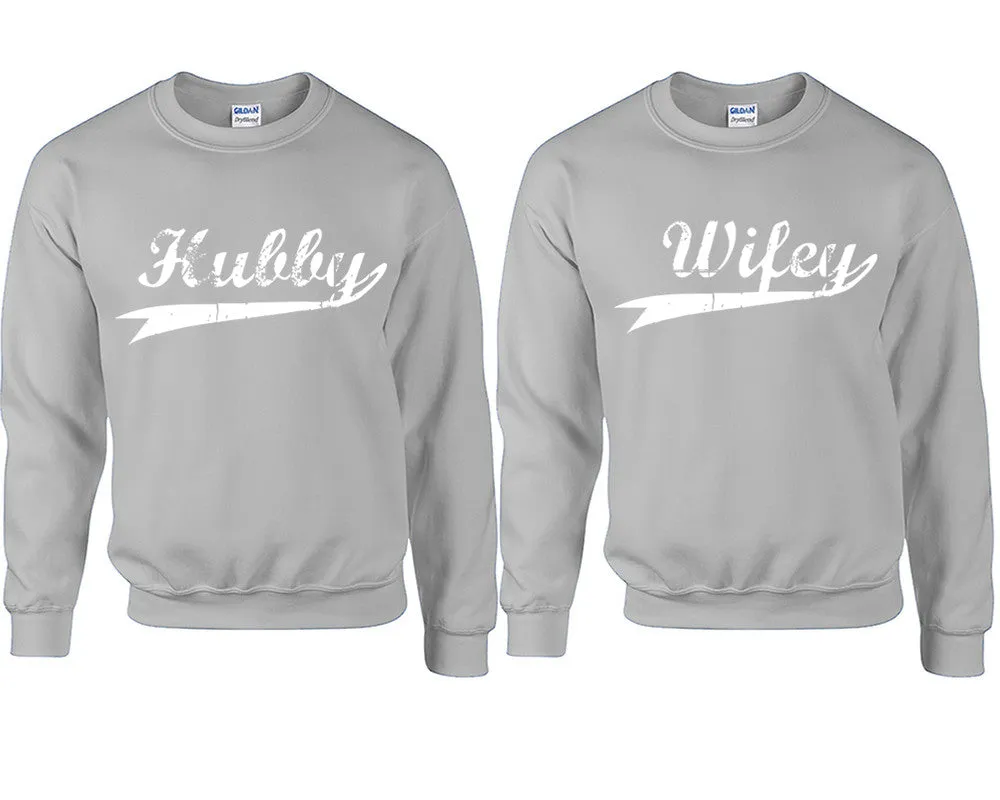 Hubby & Wifey Couple Matching Crewneck Sweaters – Unisex Pullover Sweaters Sold Separately for Him and Her