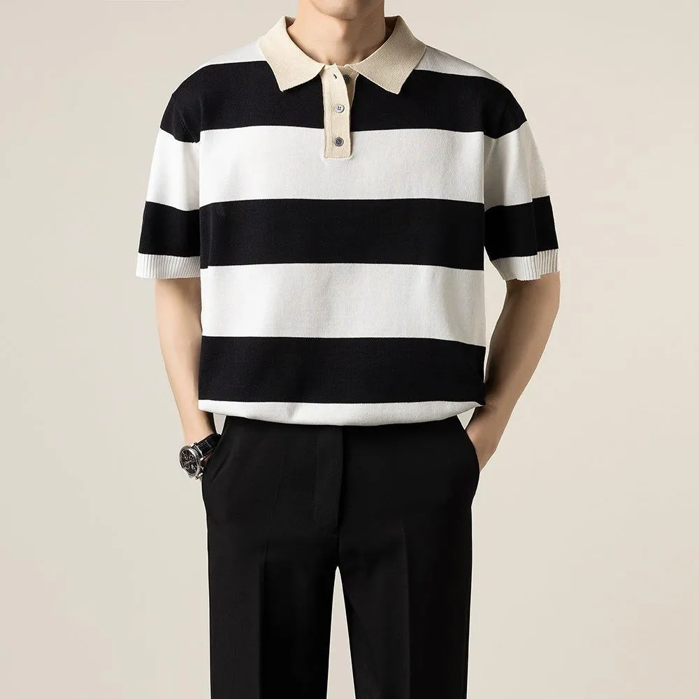 Lightly Mature Knitted Polo Shirt Casual Striped Short Sleeve