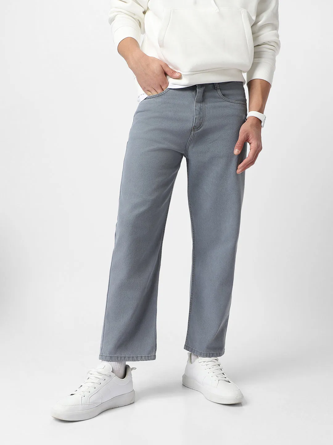 Men's Light Grey Loose Baggy Fit Washed Jeans Non-Stretchable