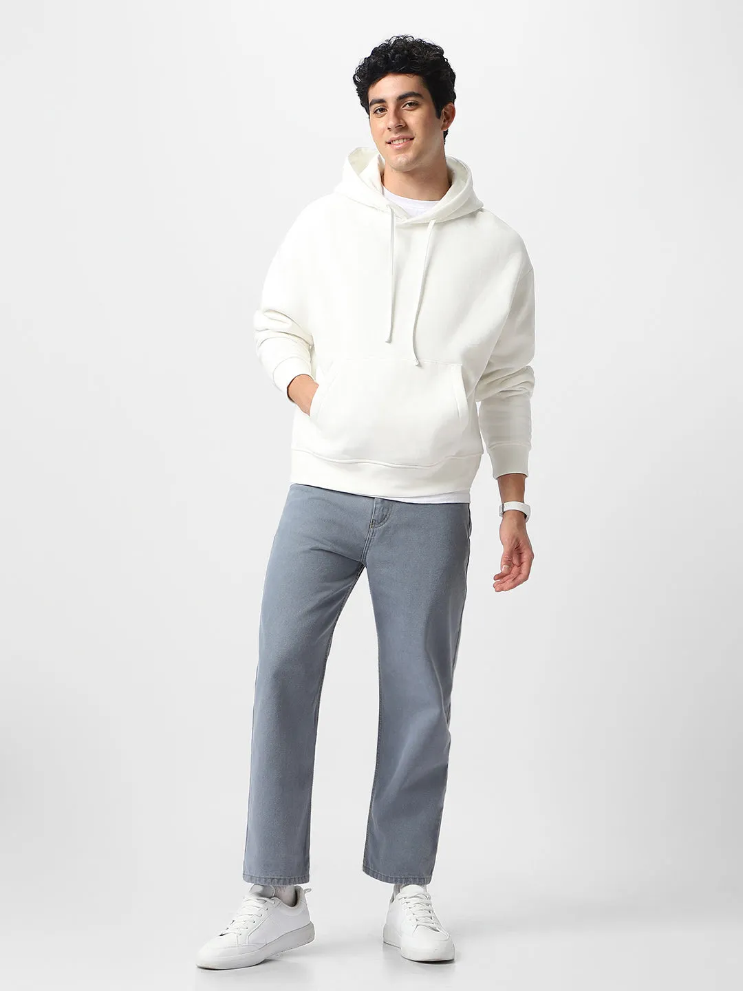 Men's Light Grey Loose Baggy Fit Washed Jeans Non-Stretchable