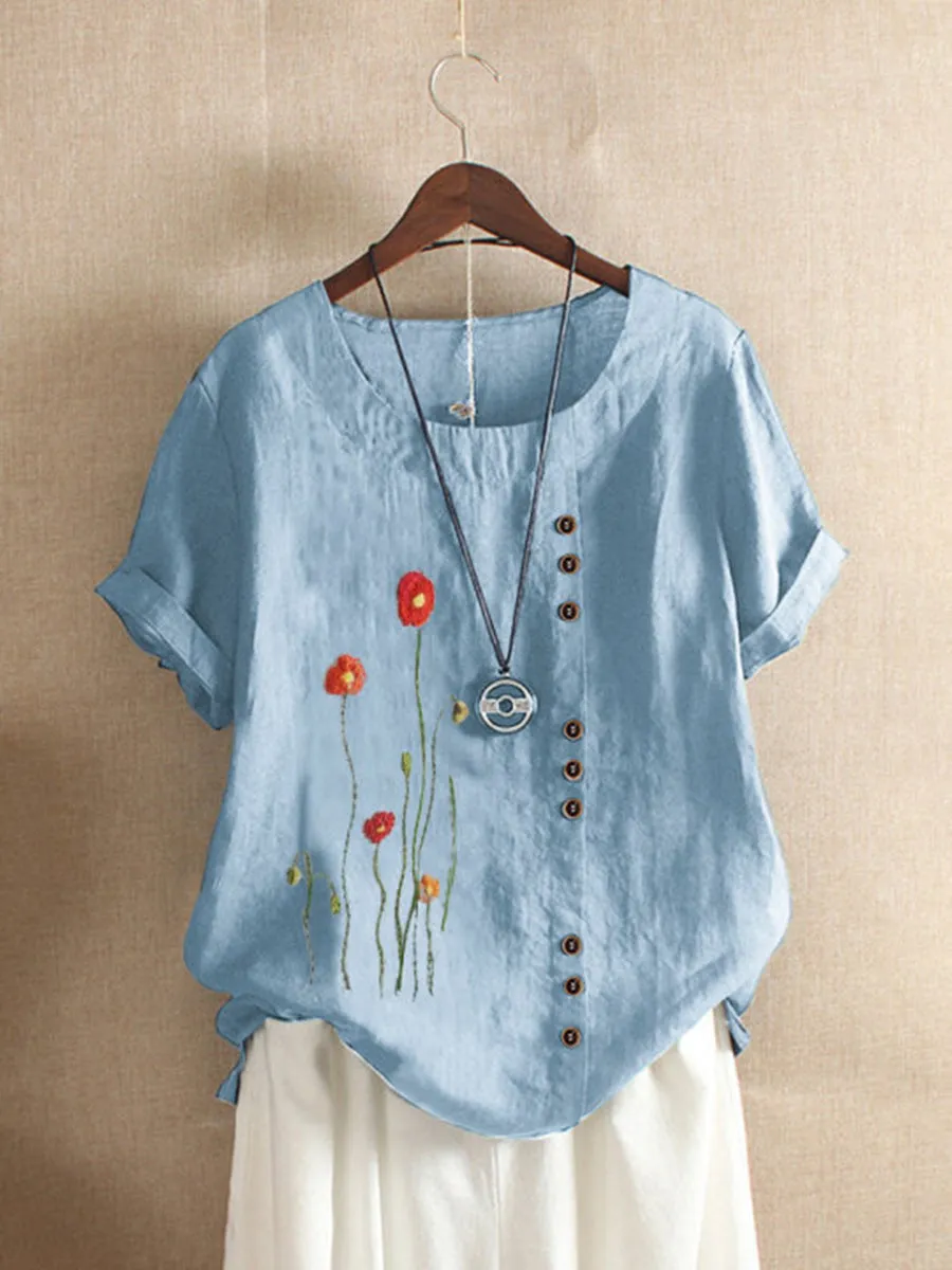 Retro Flower Print Loose Casual Shirt