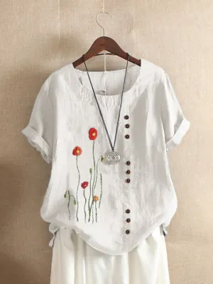 Retro Flower Print Loose Casual Shirt
