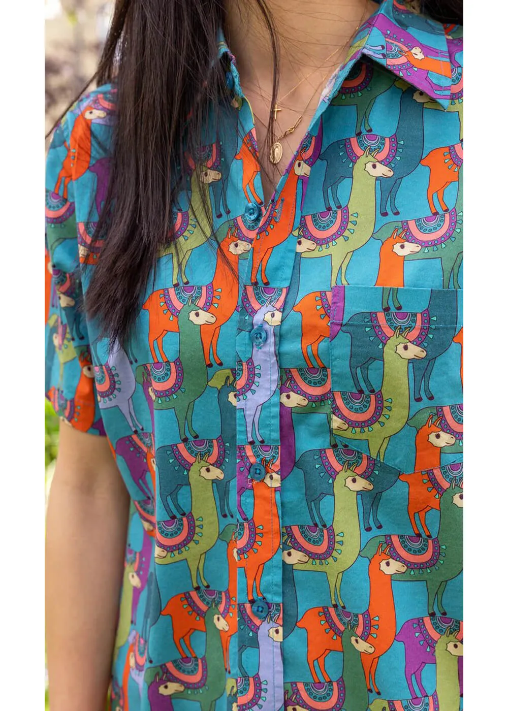 Run & Fly Mens Party Llama 70's Shirt Blue